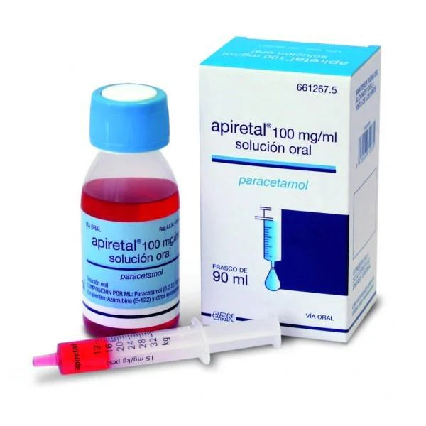 Caja y frasco de Apiretal solución oral de paracetamol, 100 mg/ml, con jeringa dosificadora.