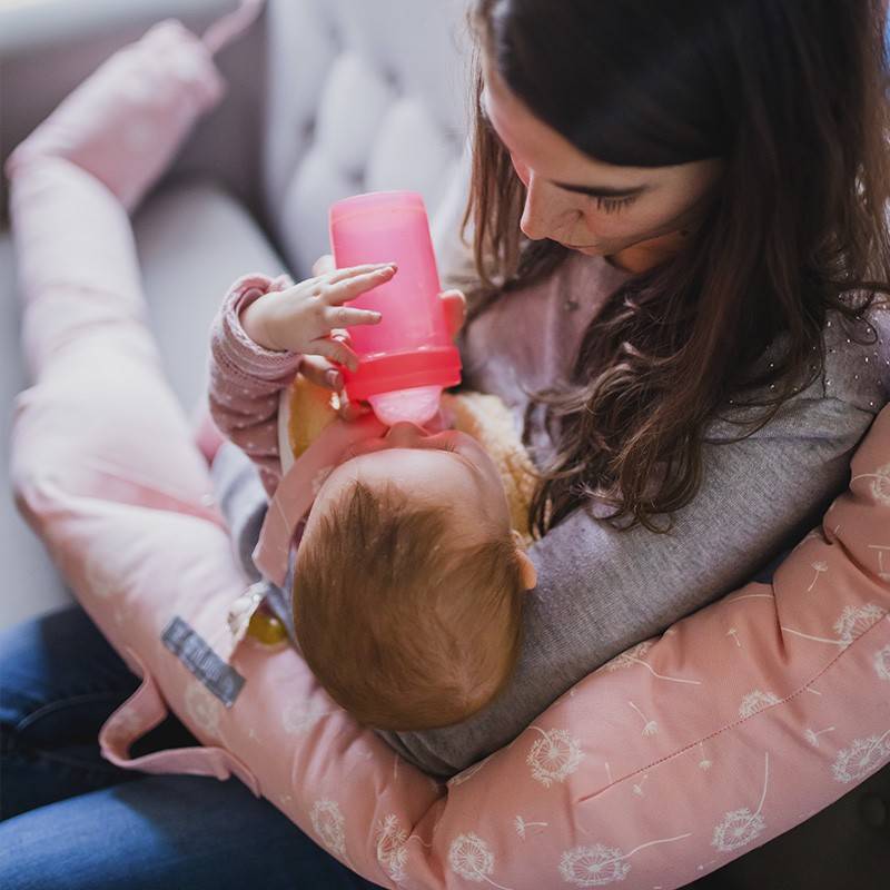 Una madre dando el biberón a su bebé, que está envuelto en una manta rosa. La madre sostiene al bebé en sus brazos, proporcionando alimento y afecto.